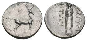 CARIA. Bargylia. Drachm (2nd-1st centuries BC).
Obv: Stag standing right.
Rev: BAPΓY / ΛIHTΩN.
Statue of Artemis Kindyas standing facing.
Apparantly u...
