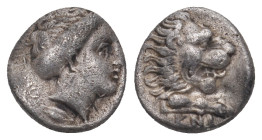 CARIA. Knidos. Hemidrachm (Circa 390-340 BC). Phileon, magistrate.
Obv: Head of Aphrodite right.
Rev: KNI.
Forepart of lion right, paw extended to rig...