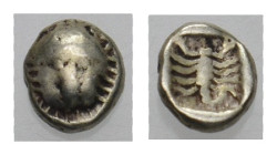 CARIA. Mylasa. EL 1/48 Stater (Mid 6th century BC).
Obv: Facing head of lion.
Rev: Scorpion within incuse square.
Weidauer 166-7; SNG Kayhan I 925-7.
...