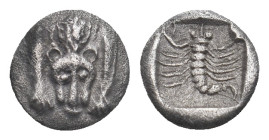 CARIA. Mylasa. Hemiobol (Circa 450-400 BC).
Obv: Forepart of lion facing.
Rev: Scorpion within incuse square.
SNG Keckman 917; SNG Kayhan I 934-8; SNG...