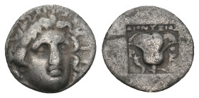 CARIA. Rhodes. Hemidrachm (Circa 170-150 BC). Dionysios, magistrate.
Obv: Radiate head of Helios facing slightly right.
Rev: ΔIONYΣIOΣ / P - O.
Rose w...