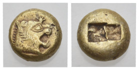 KINGS OF LYDIA. Time of Alyattes to Kroisos (Circa 620/10-550/39 BC). EL Trite or 1/3 Stater. Sardes.
Obv: Head of roaring lion right, with five-rayed...