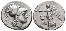 PAMPHYLIA. Side. Tetradrachm (Circa 205-100 BC). De-, magistrate.
Obv: Head of Athena right, wearing Corinthian helmet.
Rev: ΔE.
Nike advancing left, ...