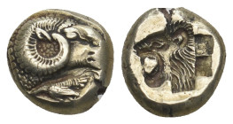 LESBOS. Mytilene. EL Hekte (Circa 521-478 BC).
Obv: Head of ram right; below, cock standing left, with head lowered.
Rev: Incuse head of roaring lion ...