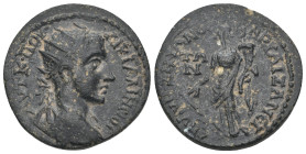PHRYGIA. Aezanis. Gallienus. AD 253-268. Ae.
Obv: Radiate, draped, and cuirassed bust right, seen from behind
Rev: Tyche standing left, holding rudder...