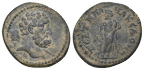 PHRYGIA. Peltai. Pseudo-autonomous issue (138-192). Ae.
Obv: Bare head of Herakles right.
Rev: Asklepios standing facing, head l., leaning on serpent-...