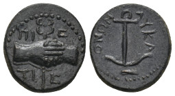 KINGS OF COMMAGENE. Antiochos IV Epiphanes (38-72). Ae.
Obv: ΠICTIC.
Clasped hands with caduceus.
Rev: KOMMAΓHNΩN.
Anchor.
RPC I 3863; Kovacs 244; BMC...