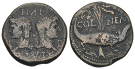 GAUL. Nemausus. Augustus, with Agrippa (27 BC-14 AD). Ae.
Obv: IMP / P - P / DIVI F.
Heads of Agrippa, wearing combined rostral crown and laurel wreat...