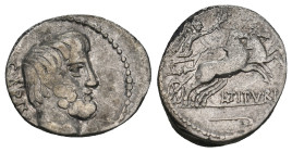 L. TITURIUS L.F. SABINUS. Denarius (89 BC). Rome.
Obv: SABIN.
Bare and bearded head of King Tatius right.
Rev: L TITVRI.
Victory driving biga right, h...