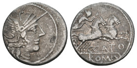 C. PORCIUS CATO. Denarius (123 BC). Rome.
Obv: Helmeted head of Roma right; X (mark of value) behind.
Rev: C CATO / ROMA.
Victory driving biga right, ...