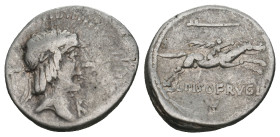 L. CALPURNIUS PISO FRUGI. Denarius (90 BC). Rome.
Obv: Laureate head of Apollo right; trident behind.
Rev: L PISO FRVGI.
Warrior riding horse right, h...