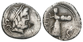 L. PROCILIUS. Denarius (80 BC). Rome.
Obv: Laureate head of Jupiter right; S C to left.
Rev: L PROCILI F.
Juno Sospita advancing right, hurling spear ...