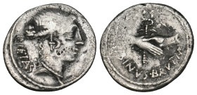ALBINUS BRUTI F. Denarius (48 BC). Rome.
Obv: PIETAS.
Head of Pietas right.
Rev: ALBINVS BRVTI F.
Caduceus superimposed by two clasping hands.
Crawfor...