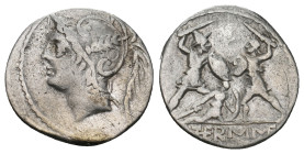 Q. THERMUS M. F. Denarius (103 BC). Rome.
Obv: Head of Mars left, wearing crested helmet, ornamented with plume and annulet.
Rev: Q TERM M F.
Two warr...