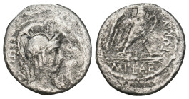 M. PLAETORIUS M.F. CESTIANUS. Denarius (57 BC). Rome.
Obv: CESTIANVS / S C.
Helmeted, laureate and draped bust of Vacuna right, with bow and quiver ov...