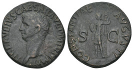 CLAUDIUS (41-54). As. Rome.
Obv: TI CLAVDIVS CAESAR AVG P M TR P IMP P P.
Bare head left.
Rev: CONSTANTIAE AVGVSTI / S - C.
Constantia standing left, ...
