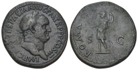 VESPASIAN (69-79). Sestertius. Rome.
Obv: IMP CAES VESPASIAN AVG P M TR P P P COS III.
Laureate head right.
Rev: ROMA / S - C.
Roma standing left, hol...