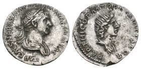 TRAJAN (98-117). Denarius. Rome.
Obv: IMP CAES NER TRAIAN OPTIM AVG GERM DAC.
Laureate and draped bust of Trajan right.
Rev: PARTHICO P M TR P COS VI ...