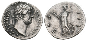 HADRIAN (117-138). Denarius. Rome (or eastern mint?).
Obv: HADRIANVS AVGVSTVS P P.
Laureate head right.
Rev: COS III.
Minerva standing left, holding t...