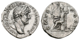 HADRIAN (117-138). Denarius. Rome.
Obv: IMP CAESAR TRAIAN HADRIANVS AVG.
Laureate bust right, wight slight drapery.
Rev: P M TR P COS III.
Roma seated...