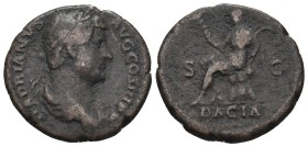 HADRIAN (117-138). Dupondius or As.

Obv: HADRIANVS - AVG COS III PP
Laureate, draped bust r.
Rev: DACIA / S - C
Dacia, wearing long dress and cl...