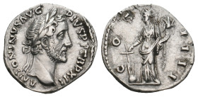 ANTONINUS PIUS (138-161). Denarius. Rome.
Obv: ANTONINVS AVG PIVS P P TR P XII.
Laureate head right.
Rev: COS IIII.
Fortuna standing left, holding rud...