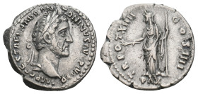 ANTONINUS PIUS (138-161). Denarius. Rome.
Obv: IMP CAES T AEL HADR ANTONINVS AVG PIVS P P.
Laureate head right.
Rev: TR POT XIIII COS IIII / PAX.
Pax ...
