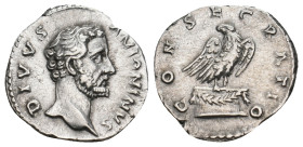 DIVUS ANTONINUS PIUS (Died 161). Denarius. Rome. Struck under Marcus Aurelius.
Obv: DIVVS ANTONINVS.
Bare head right.
Rev: CONSECRATIO.
Eagle, with he...