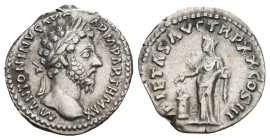 MARCUS AURELIUS (161-180). Denarius. Rome.
Obv: ANTONINVS AVG ARM PARTH MAX.
Laureate head right.
Rev: PIETAS AVG TR P XX COS III.
Pietas standing lef...