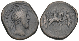 MARCUS AURELIUS (161-180). Sestertius. Rome.
Obv: M ANTONINVS AVG TR P XXIIII.
Laureate head right.
Rev: COS III / PROFECTIO AVG / S C.
Emperor in hor...