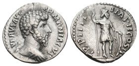 LUCIUS VERUS (161-169). Denarius. Rome.
Obv: L VERVS AVG ARMENIACVS.
Bare head right.
Rev: TR P IIII IMP II COS II.
Mars standing right, holding spear...