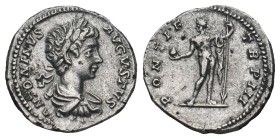 CARACALLA (198-217). Denarius. Rome.
Obv: ANTONINVS AVGVSTVS.
Laureate, draped and cuirassed bust right.
Rev: PONTIF TR P III.
Sol standing facing...