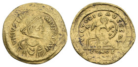 JUSTIN II (565-578). GOLD Semissis. Constantinople.
Obv: D N IVSTINVS P P AVG.
Diademed, draped and cuirassed bust right.
Rev: VICTORIA AVGGG / CONOB....