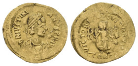 JUSTINIAN I (527-565). GOLD Tremissis. Constantinople.
Obv: D N IVSTNIANVS P P AVG.
Diademed, draped and cuirassed bust right.
Rev: VICTORIA AVGVSTORV...
