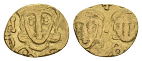 CONSTANTINE V COPRONYMUS with LEO IV and LEO III (741-775). GOLD Tremissis. Constantinople. Obv: COҺSTAҺTIҺOS S LЄOҺ O ҺЄOS. Crowned facing busts of C...