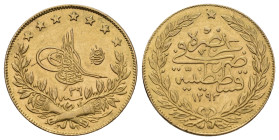 OTTOMAN EMPIRE. 'Abd al-Hamid II (AH 1293-1327 / AD 1876-1909). GOLD 100 Kurush. Qustantiniya (Constantinople). Dated AH 1293/29.
Obv: Toughra, stars ...