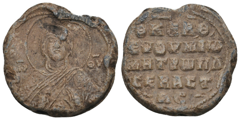 BYZANTINE LEAD SEALS. Uncertain. 
Obv: MHP - ΘY Facing half length bust of the V...