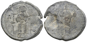 MICHAEL VII DOUKAS (1071-1078). Seal. 
Obv: IC - XC Christ seated facing on an ornate throne, wearing nimbus cruciger, raising his right hand in bened...