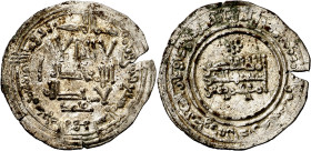 Califato. AH 337. Abd al-Rahman III. Madinat al-Zahra (Medina Azahara). Dirhem. (V. 417) (Fro. 31). Pequeña grieta que no afecta la lectura. 2,73 g. E...