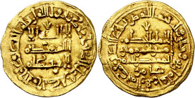 Califato. AH 364. Al-Hakam II. Madinat al-Zahra (Medina Azahara). Dinar. (V. 476) (Fro. 2). Bella. Rara, sólo hemos tenido un ejemplar. 4,52 g. MBC+.