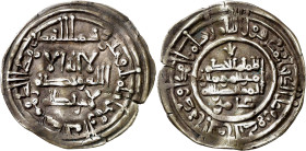 Califato. AH 363. Al-Hakam II. Madinat al-Zahra (Medina Azahara). Dirhem. (V. 475) (Fro. 29). Ínfima grieta que no afecta a su lectura. Pátina oscura....