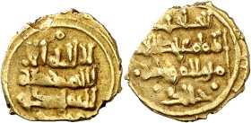 Taifa no identificada. Al-Hadjib Khalid. Fracción de dinar sin orlas. (V. 1385) (Prieto 433b). El Muwafaq que figura en la línea inferior del anverso ...