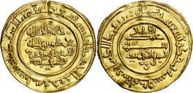 Almorávides. AH 491. Yusuf ibn Tashfin. Sanluka (Sanlúcar). Dinar. (V. 1491) (Hazard 108). La ceca lleva la preposición delante (véase ampliación). Ra...