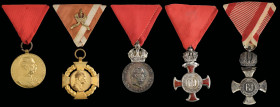 Austria, Merit Cross, Type 1 (1849-75), Third Class, in silver and red enamel, by F. Braun, Vienna; Military Medal Merit, in silver, signvm  type, wit...