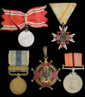 Japan, Order of the Sacred Treasure, Sixth Class breast badge, in silver and enamels; Russo-Japanese War Medal 1905; Red Membership Medal, in white me...