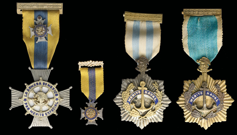 Mexico Naval Merit Medal, Type 2, 1926, First and Second Class badges, in silver...