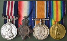 A Scarce Great War ‘Tunneller’s’ M.M. Group of 4 awarded to Corporal Ernest Richard Hornsby, A.S.C., who won the Military Medal while serving on attac...