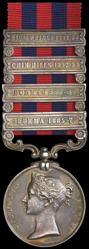 India General Service, 1854-95, 4 clasps, Burma 1885-87, Burma 1887-89, Chin Hil...