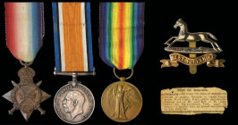 A Great War Casualty Trio awarded to Private John William Outhwaite, 1st Battalion West Yorkshire Regiment, who died of wounds on 7 June 1917, compris...