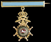 Dress Miniature, Royal Guelphic Order, Military Division, in gold and enamels, with gold and blue enamelled riband bar, 16.5mm. good very fine